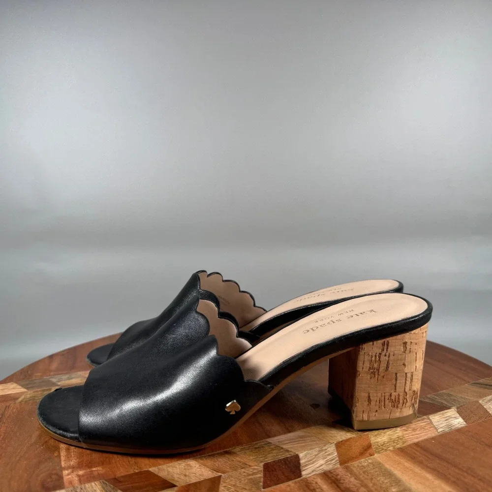 Kate Spade New York Black Leather Scalloped Slide Mules Cork Block Heel Size 6M